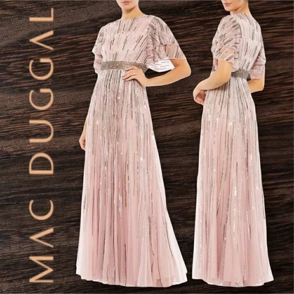 MAC DUGGAL Women’s Embellished Full Length Layered Sleeves Gown